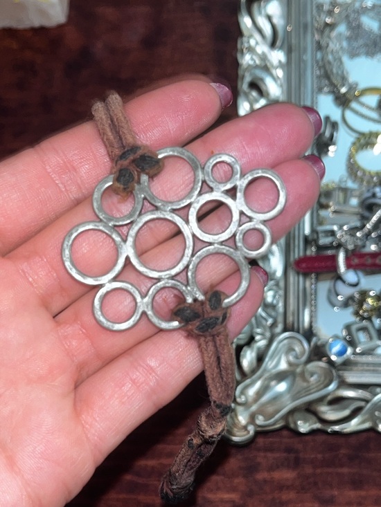 Jewelry - Silver Circle Cluster Pendant on Brown Cord bracelet